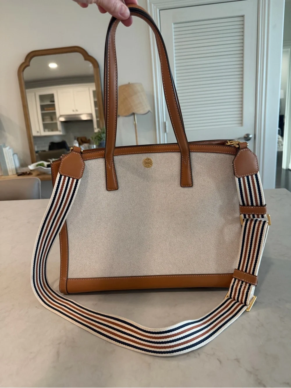 Tory Burch Neutral Canvas Tote with Tan Leather Trim and Striped Strap